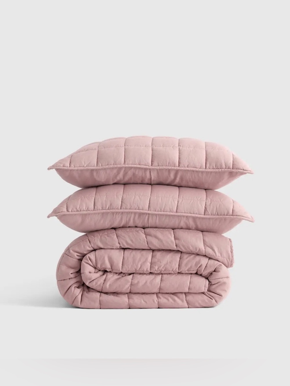 Quince European Linen Box Quilt Set in Dusty Mauve w/ 2 King Pillow Shams